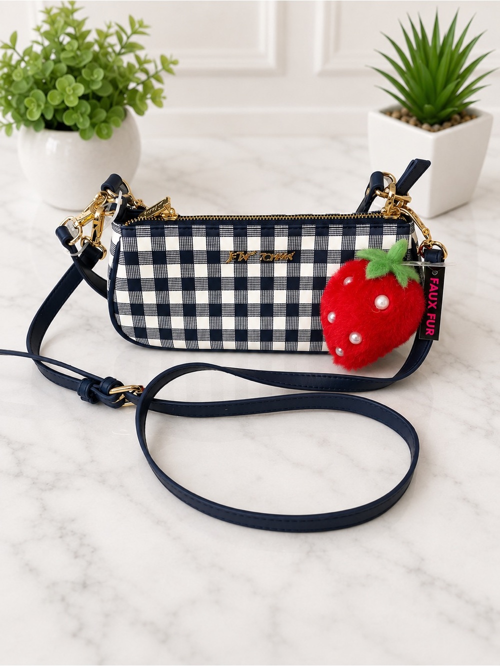Navy Gingham Crossbody with Red Strawberry Charm